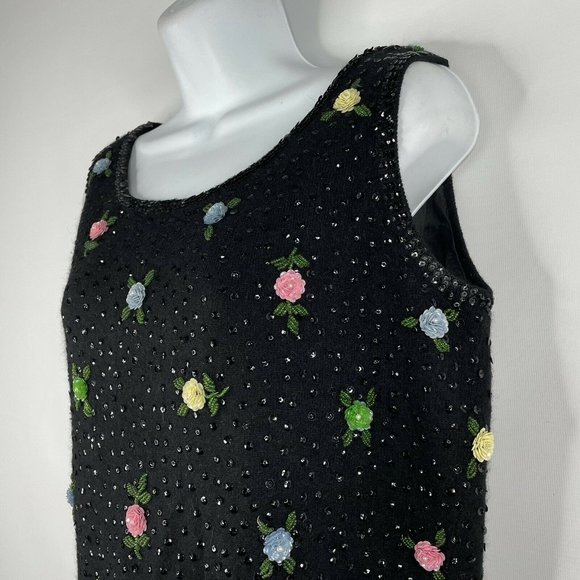Vintage 50s Black Wool Angora Hand Beaded Sequined Rosettes Sleeveless S… - Picture 6 of 8